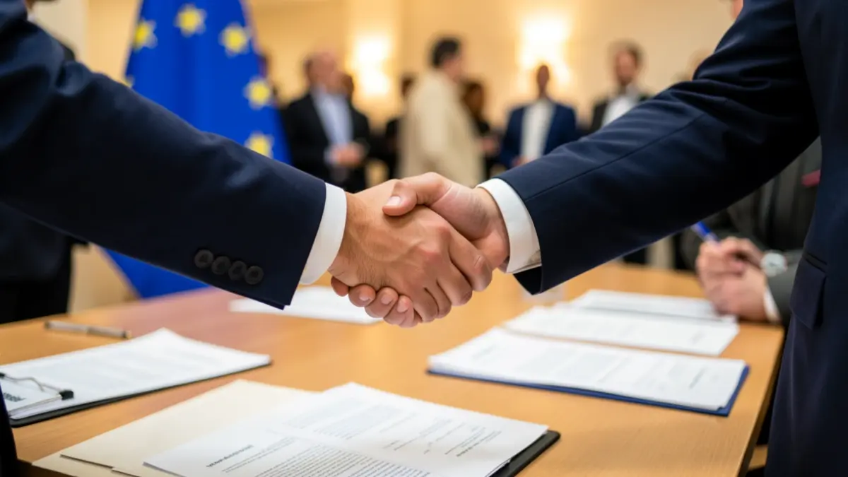 Imagen genérica de un apretón de manos entre empresarios con la bandera de la Unión Europea de fondo.