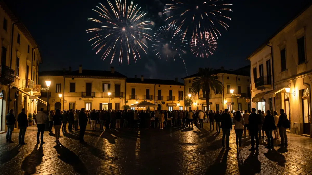 Imagen genérica de fuegos artificiales cancelados sobre un pueblo andaluz con luces tenues.
