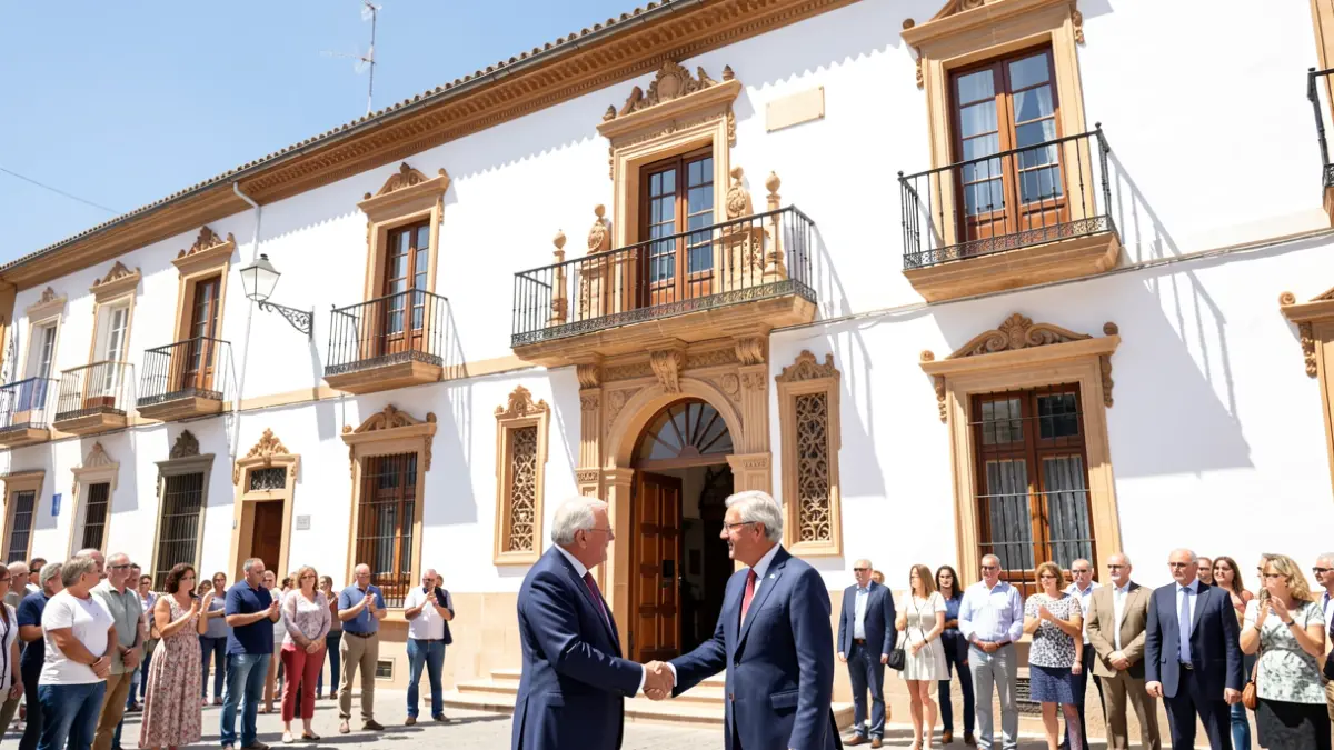 Fachada del Ayuntamiento de Cantoria durante la inauguración oficial con la presencia del ministro Óscar Puente y la alcaldesa Puri Sánchez.