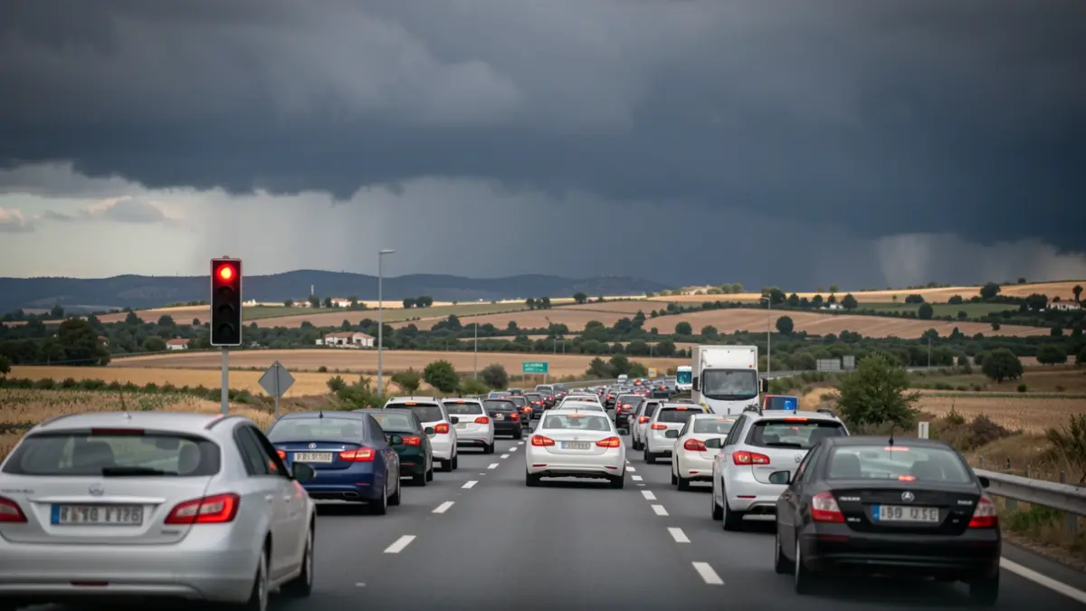 Imagen genérica de una autopista con mucho tráfico y tormenta en Andalucía.