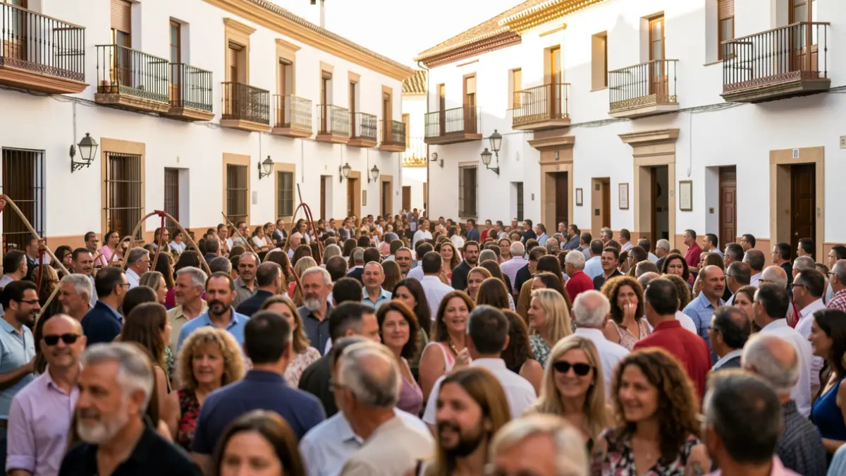 Crowd celebrating a traditional festival in an Andalusian square with white buildings and a festive atmosphere.