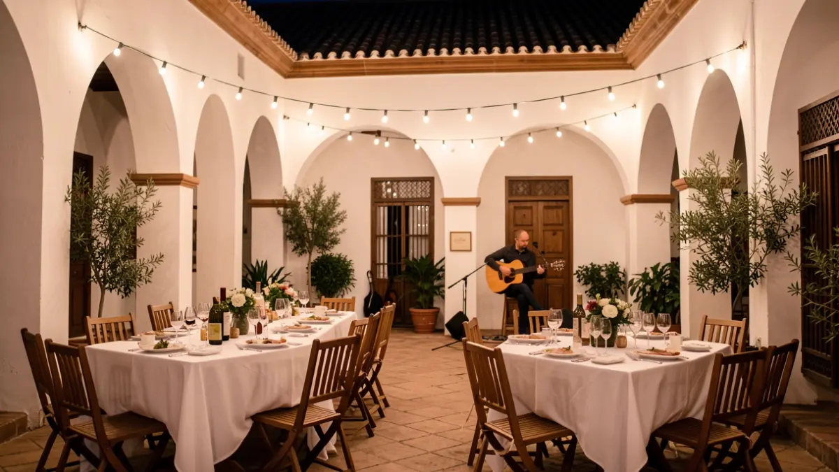 Courtyard of an Andalusian parador illuminated at night for a gastronomy and music event.