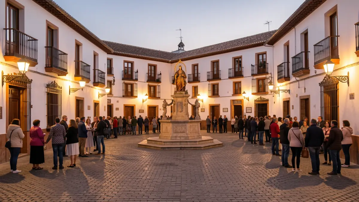 Plaza de un pueblo andaluz al atardecer durante sus fiestas patronales.