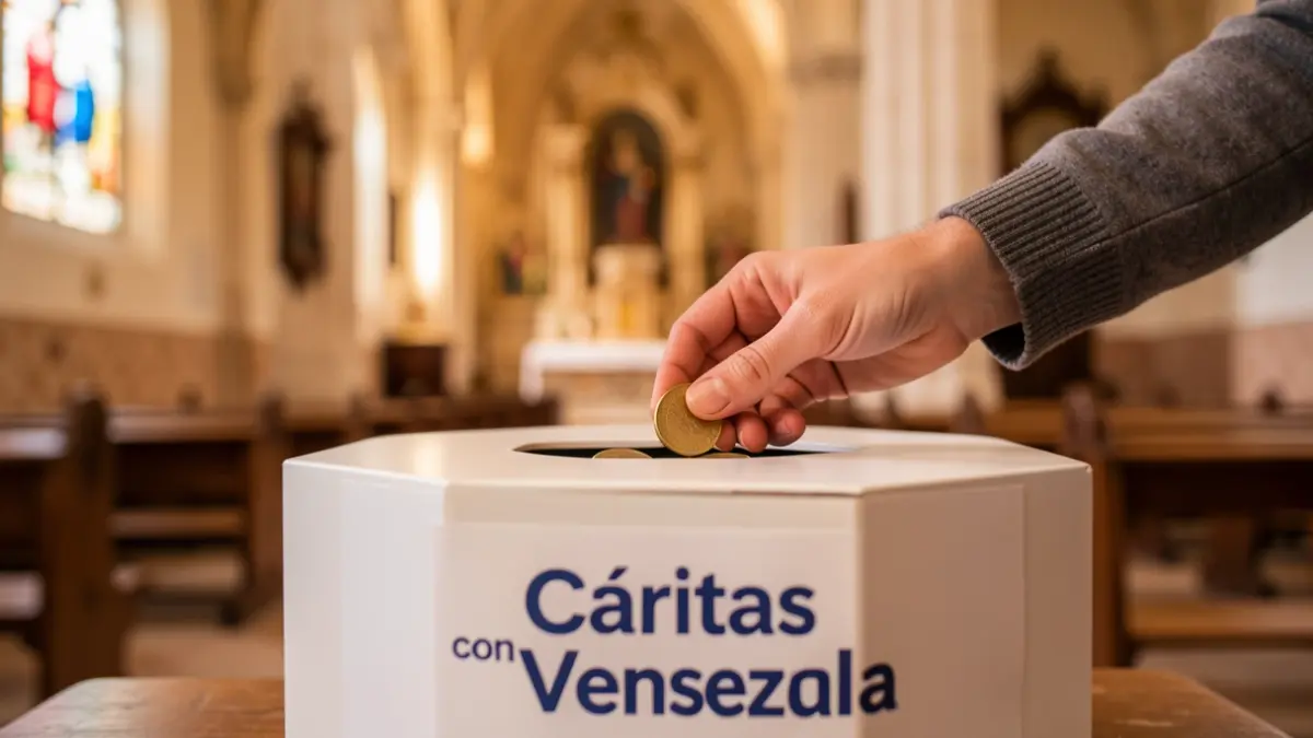 Manos depositando monedas en una caja de donativos de Cáritas.