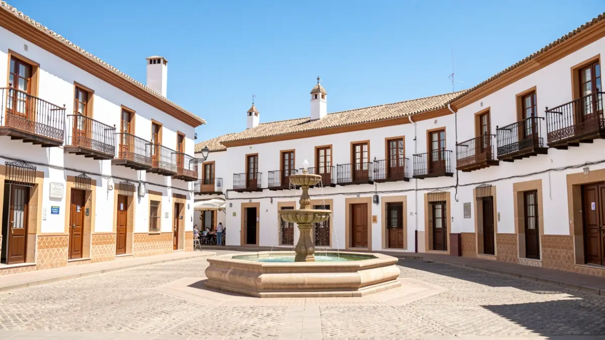 Generic image of an Andalusian town square with white buildings and a fountain.