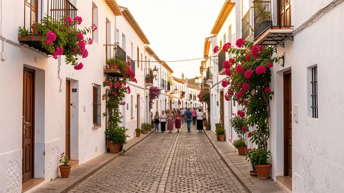 Generic image of a white Andalusian village with cobblestone streets and traditional architecture.