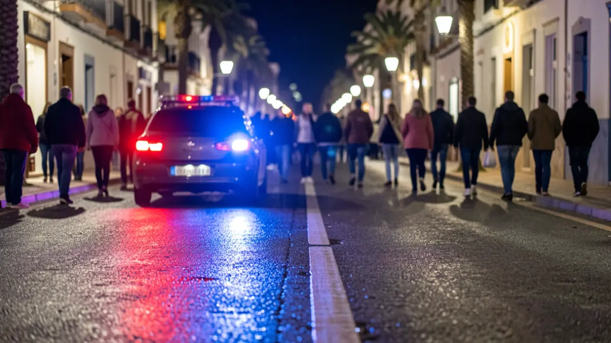 Imagen genérica de luces de emergencia policiales reflejando en asfalto mojado por la noche.