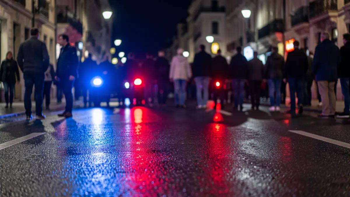 Imagen genérica de luces de emergencia policiales reflejándose en el asfalto mojado por la noche.