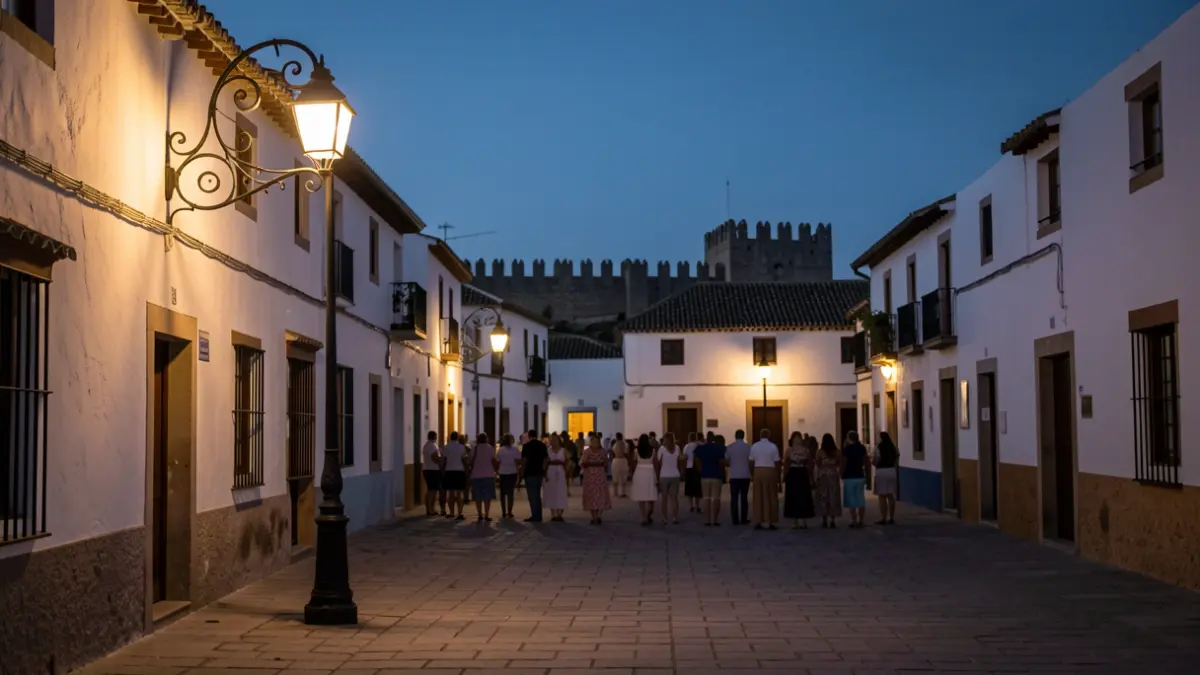 Plaza de un pueblo andaluz al atardecer con iluminación de farola y silueta de castillo.