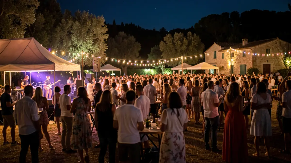 Imagen genérica de un festival de música al aire libre por la noche en un entorno natural con luces y público.