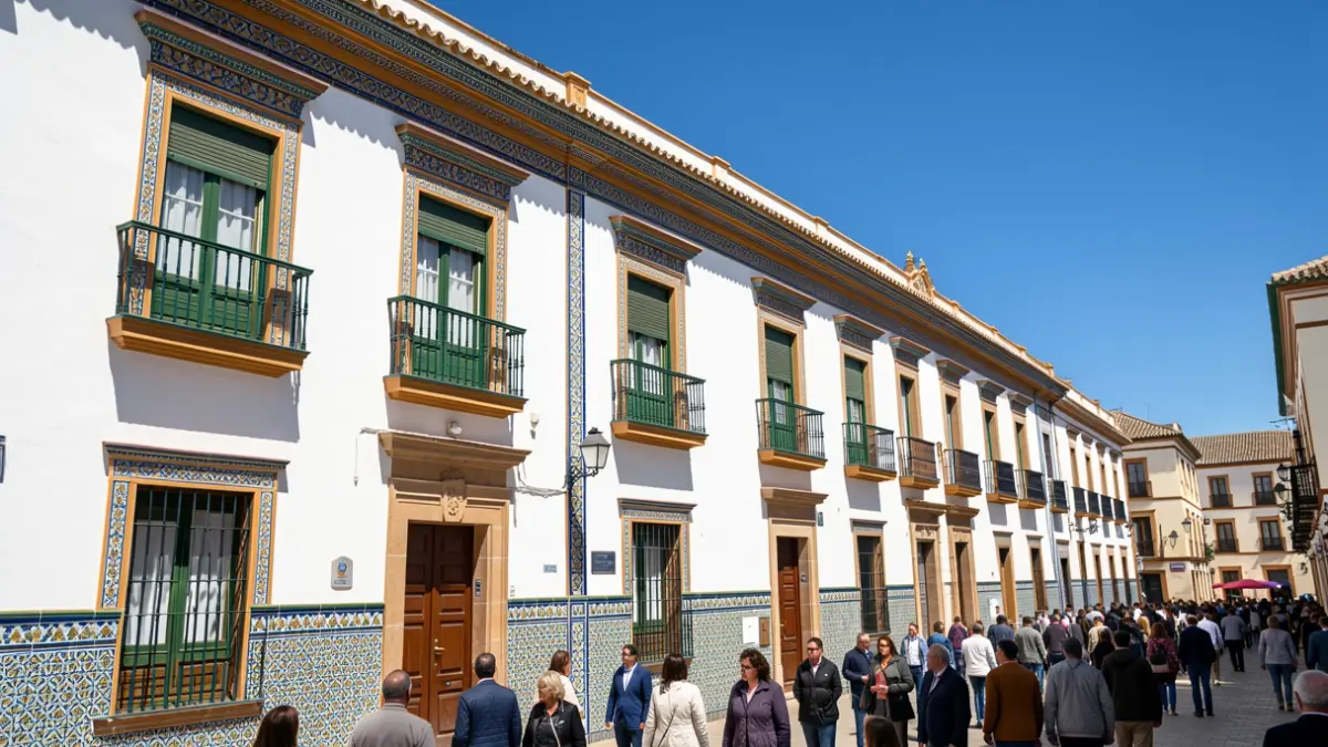 Facade of an Andalusian educational center with white walls and colorful tiles under the sun.