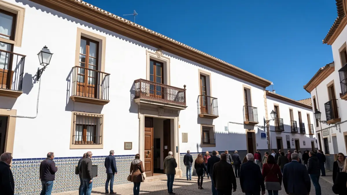 Fachada de un ayuntamiento andaluz con paredes blancas y azulejos tradicionales, luz solar intensa proyectando sombras marcadas, cielo azul.