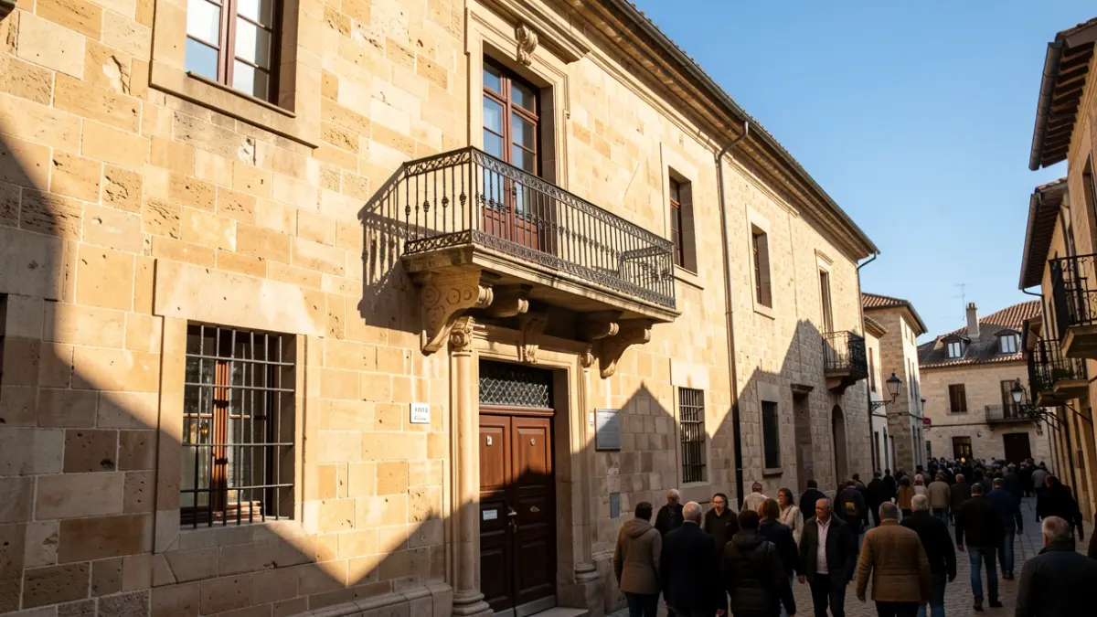 Stone facade of an institutional building with ornate balconies under sunlight.