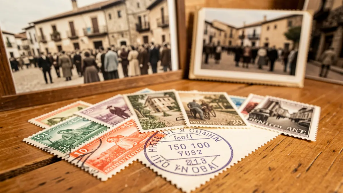 Primer plano de sellos de correos antiguos y un matasellos conmemorativo de un 150 aniversario, sobre una mesa de madera con fotografías históricas borrosas de una ciudad española de fondo.