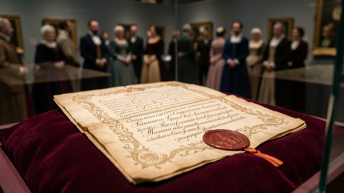 Documento original de un Real Decreto histórico con sello de cera y caligrafía antigua, expuesto en un museo.
