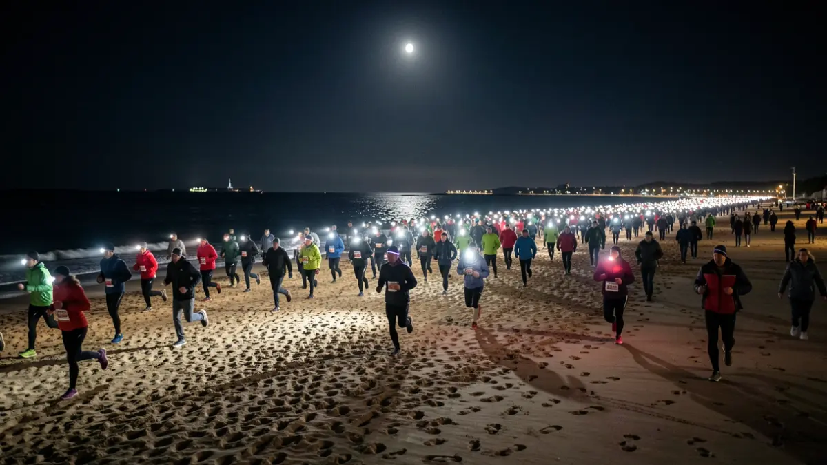 Generic image of a night race on the beach with athletes using headlamps.