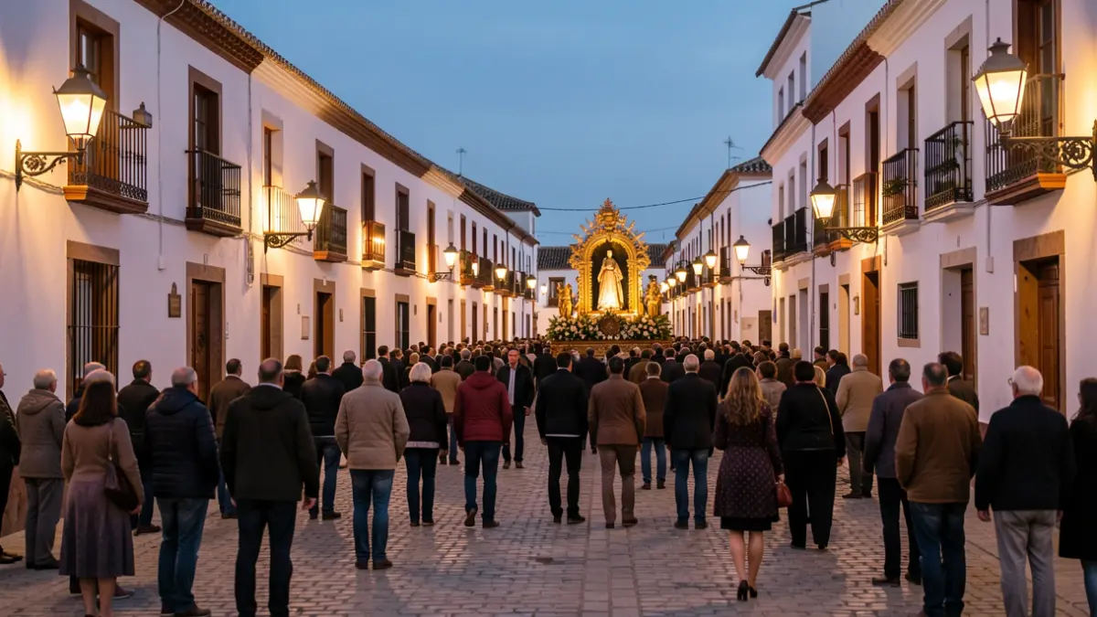 Andalusian town square at dusk with festive and religious decorations.