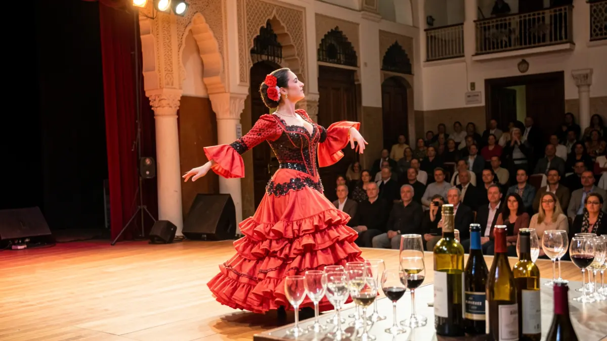 Imagen de una bailaora flamenca actuando junto a una mesa con copas y botellas de vino, con arquitectura andaluza de fondo.