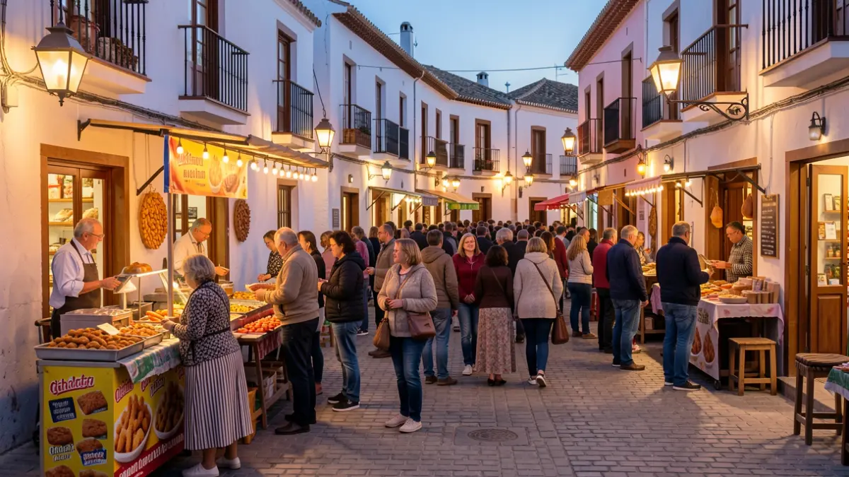 Image of the Chicharrón Festival in Chiclana, with food stalls and people in a square.
