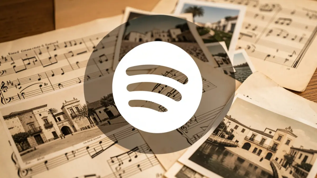 Spotify logo with sheet music and old photos of Chiclana.