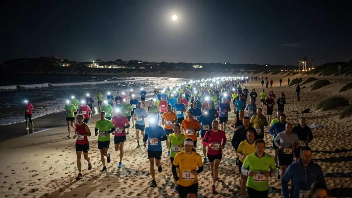 Carrera nocturna de 5 km por la playa de La Barrosa, Chiclana, con corredores iluminando la arena con luces frontales bajo la luna llena.