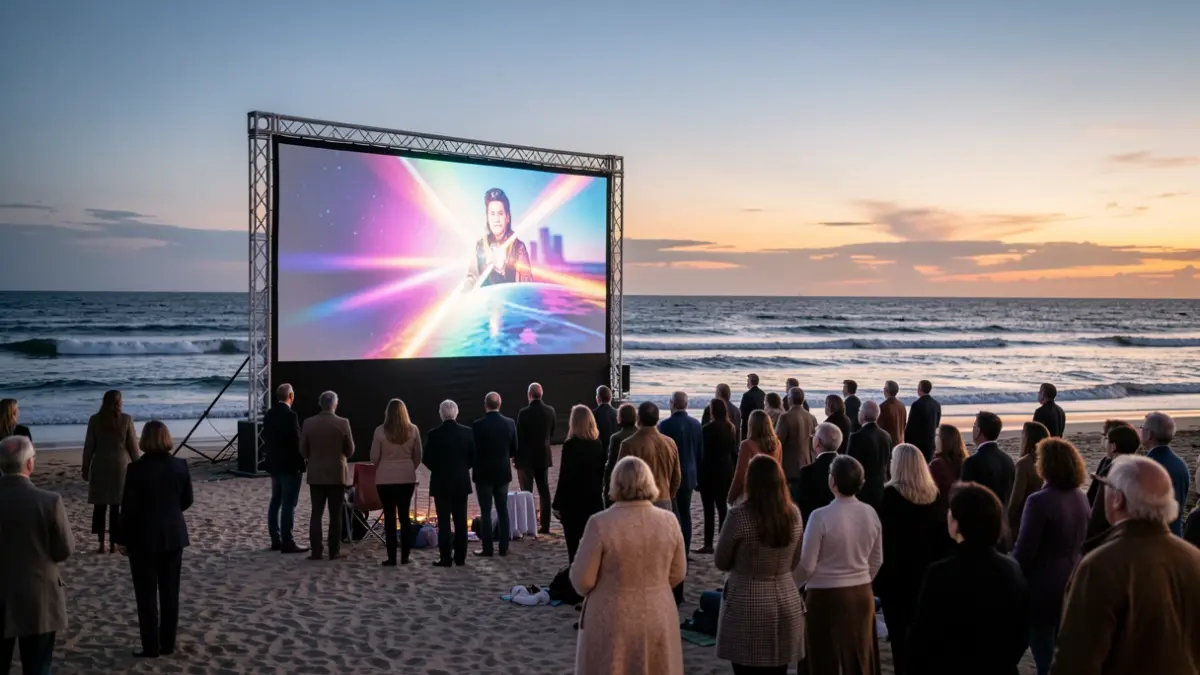 Imagen genérica de una pantalla de cine al aire libre en una playa al atardecer.