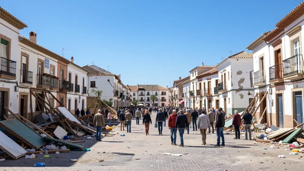 Imagen de una plaza de Chiclana con daños visibles tras un temporal, bajo un cielo despejado.