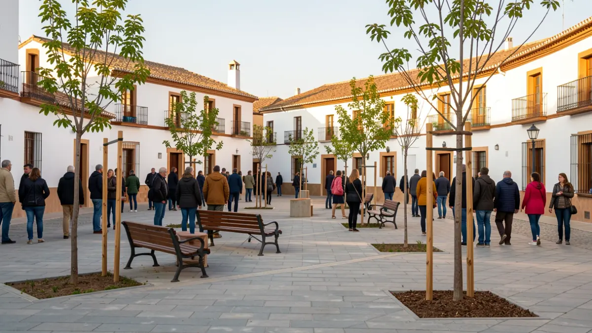 Imagen genérica de una plaza pública andaluza con zonas ajardinadas y bancos.