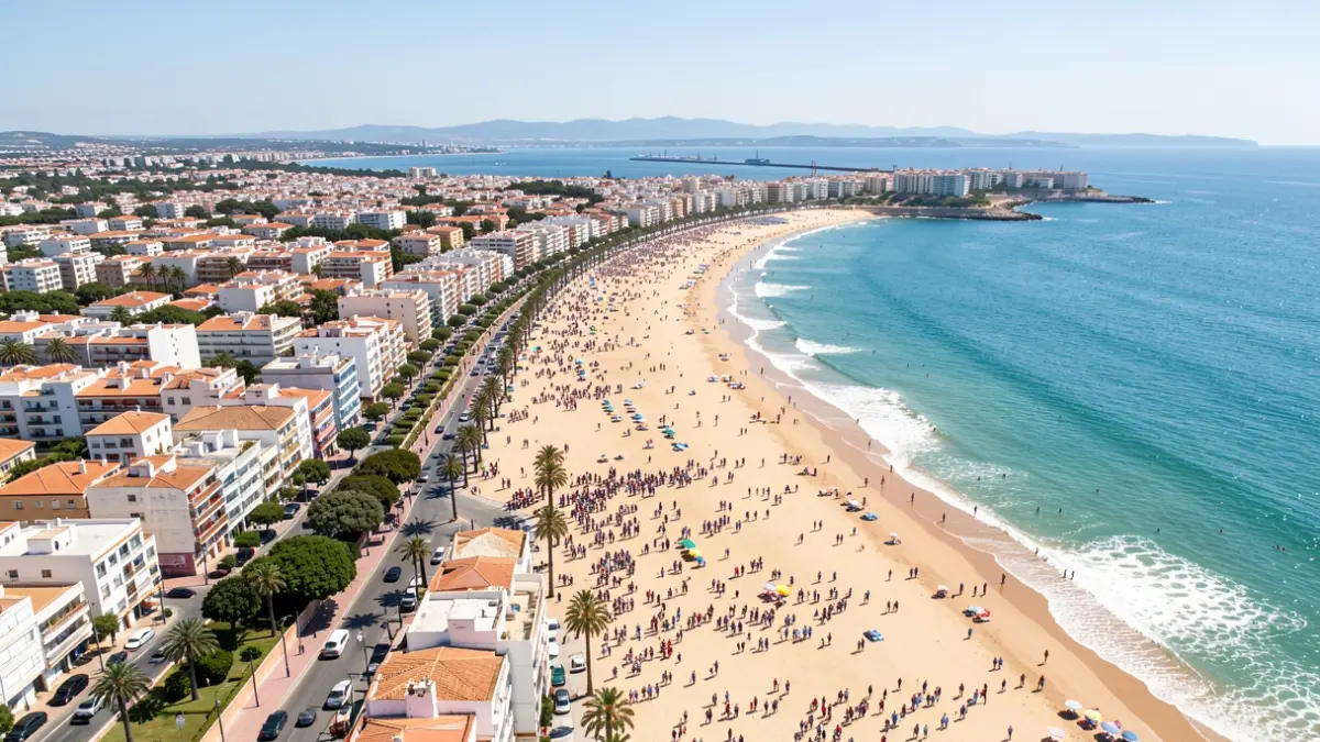 Aerial view of the Chiclana de la Frontera coast, showing the urban area and beaches.