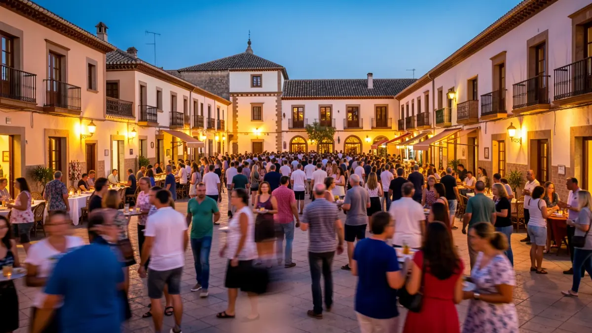 Plaza de un pueblo andaluz al atardecer con gente y edificios históricos.