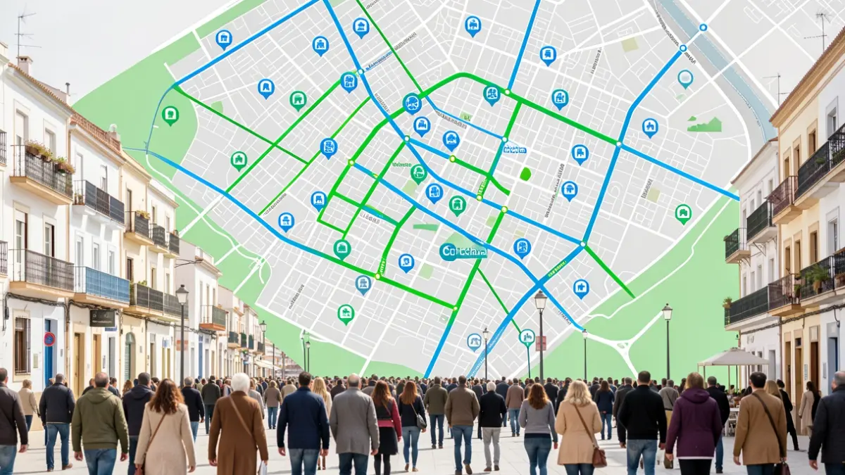 Mapa estilizado de la ciudad de Chiclana con rutas de movilidad y planificación urbana.