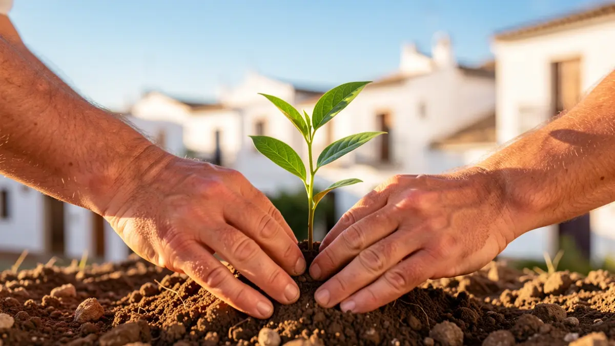 Manos plantando un árbol joven en tierra fértil, con edificios blancos y cielo azul de Andalucía al fondo.