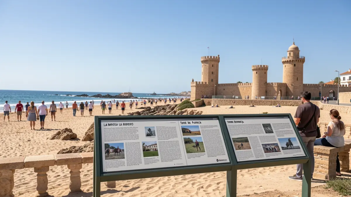 Paneles informativos sobre la historia de la playa de La Barrosa y torres defensivas en Chiclana.