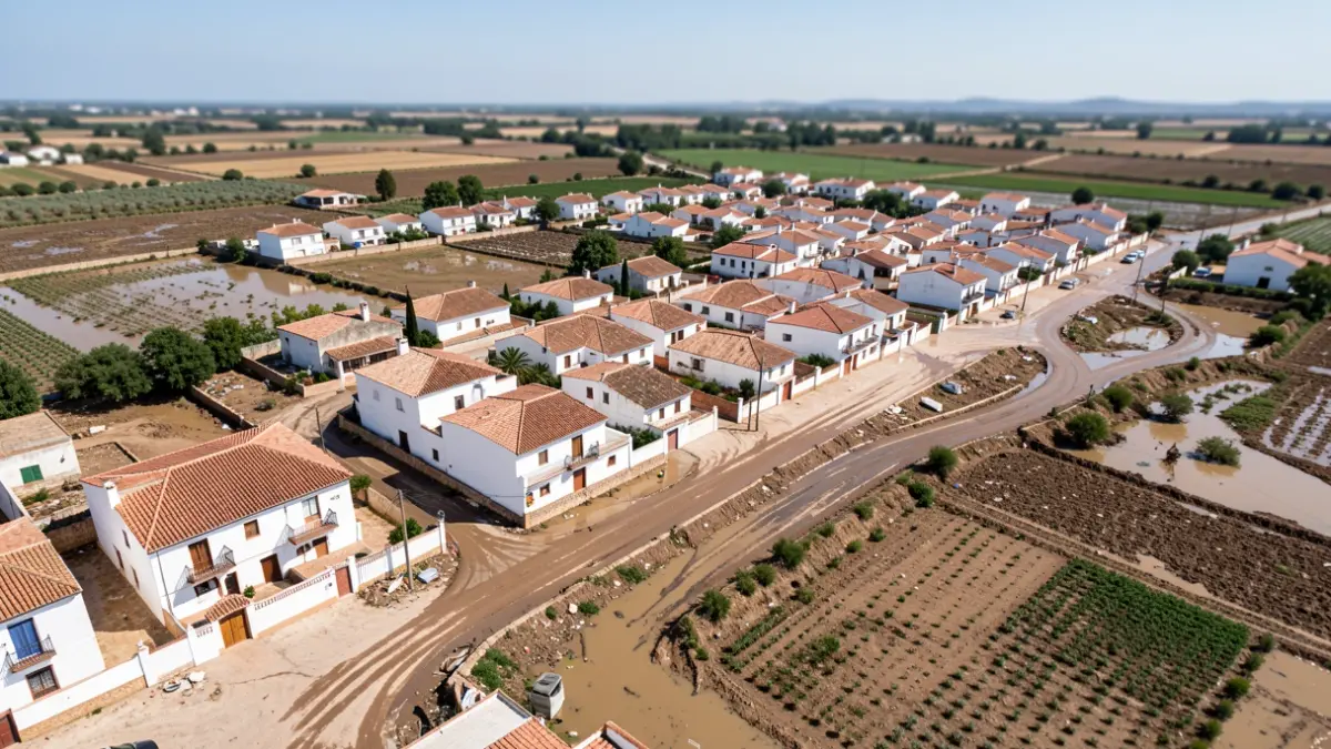 Aerial view of Chilluévar after floods, showing infrastructure and rural road recovery.