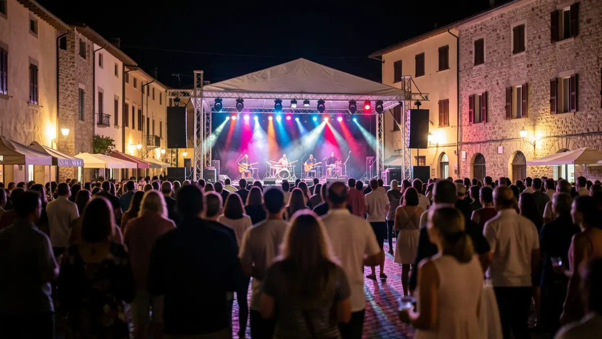 Scene of an outdoor music festival at night in a town square, with colorful lights and a crowd.
