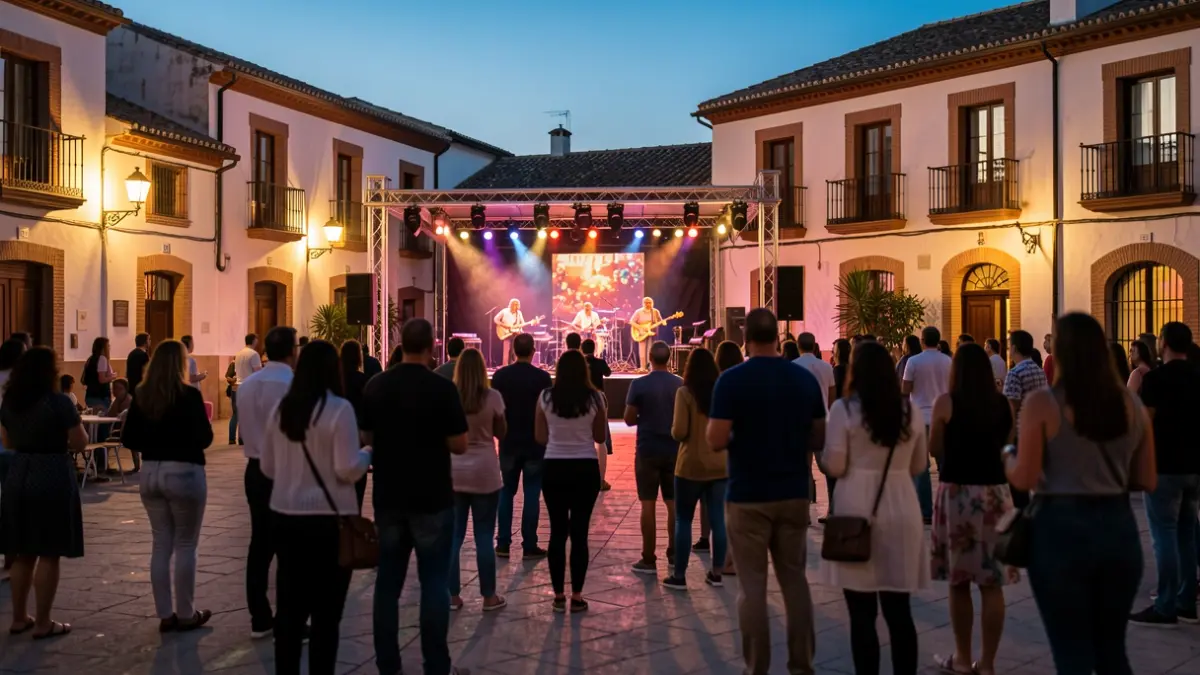 Plaza de Andalucía in Chipiona illuminated at night for an outdoor concert.