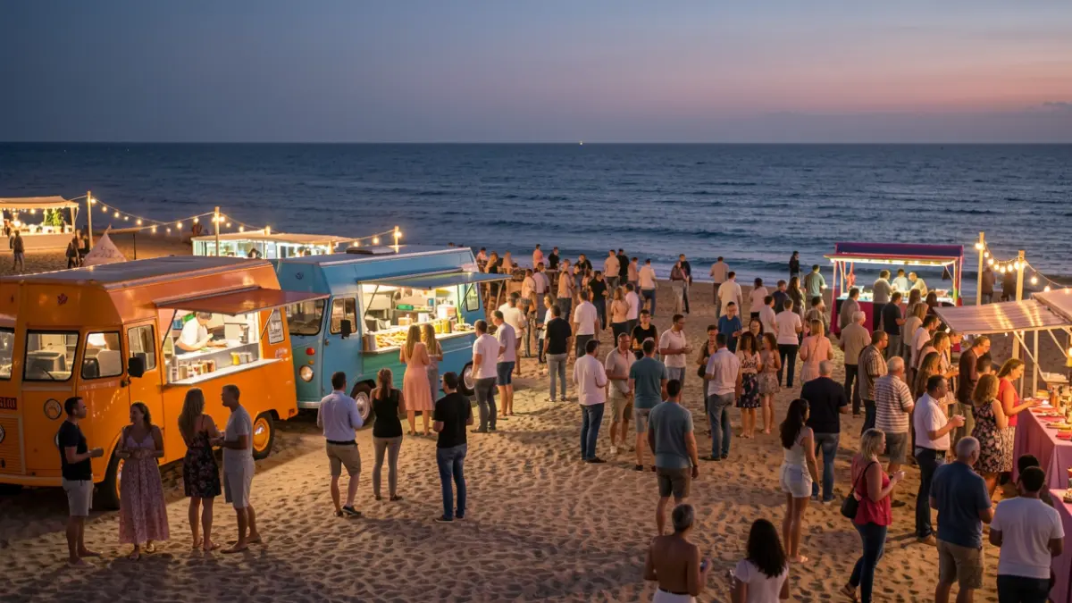 Imagen de un festival de food trucks en la playa de Chipiona al atardecer.