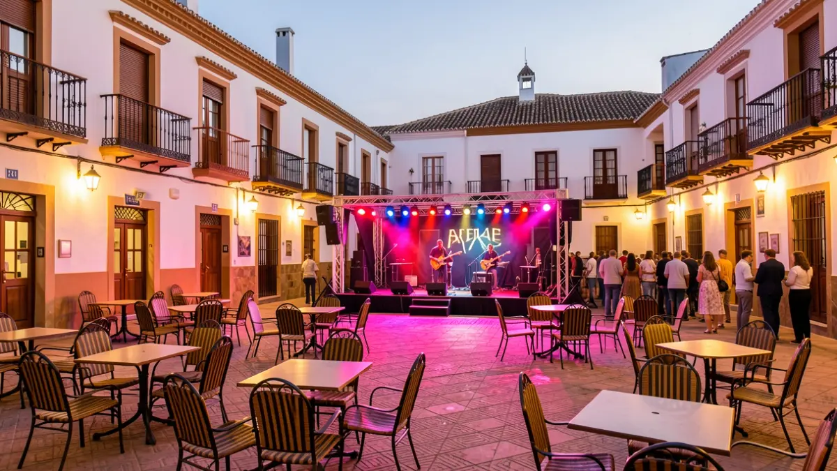 Andalusian town square at dusk with a stage and festive lights.