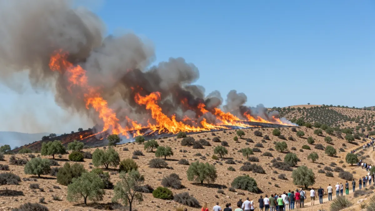 Image of a large forest fire on a dry hillside in Andalusia with intense flames and thick smoke.