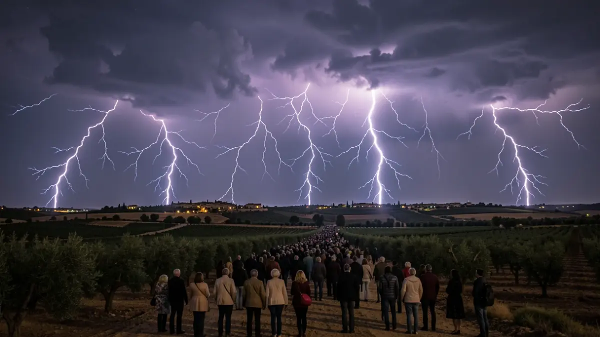 Andalusian night sky illuminated by hundreds of lightning strikes during an electrical storm.