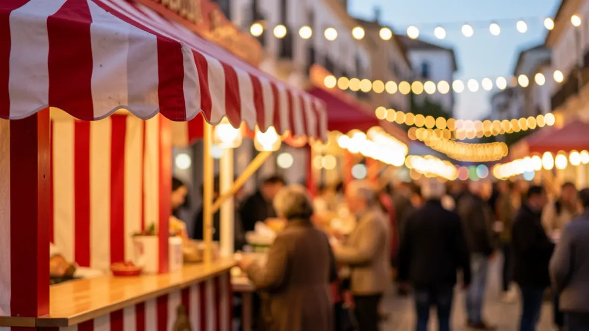 Imagen de una caseta de feria con rayas rojas y blancas y luces festivas desenfocadas al fondo.