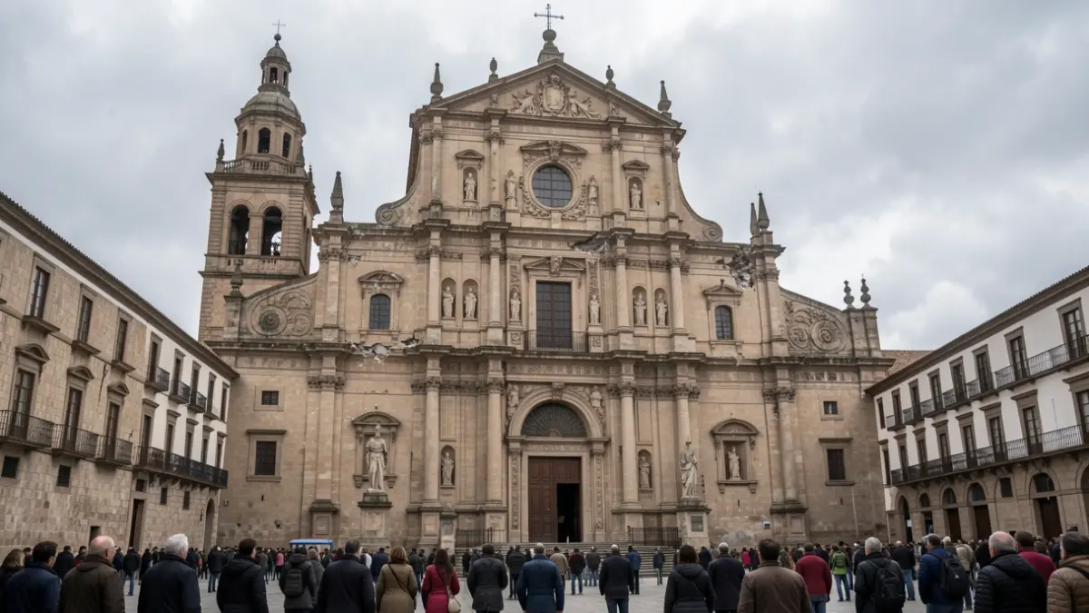 Facade of Granada Cathedral with signs of earthquake damage.