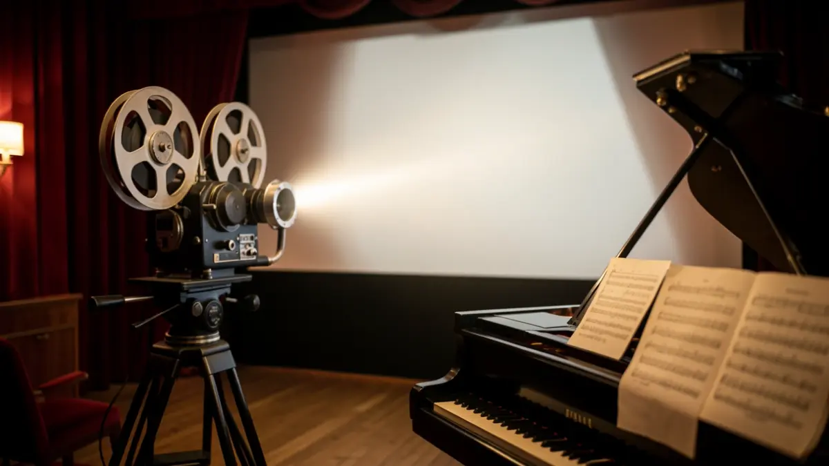 Proyector de cine mudo antiguo emitiendo luz hacia una pantalla borrosa, con un piano y partituras en primer plano.
