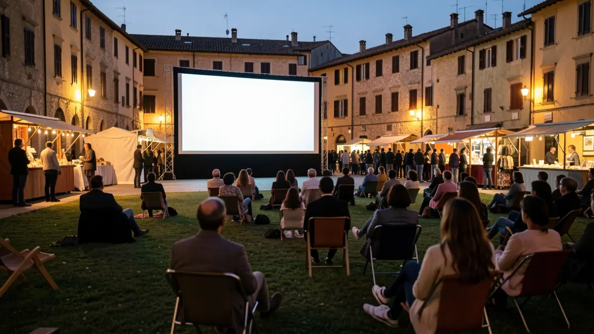 Pantalla de cine de verano al aire libre al atardecer, con siluetas borrosas de asistentes y puestos de comida.