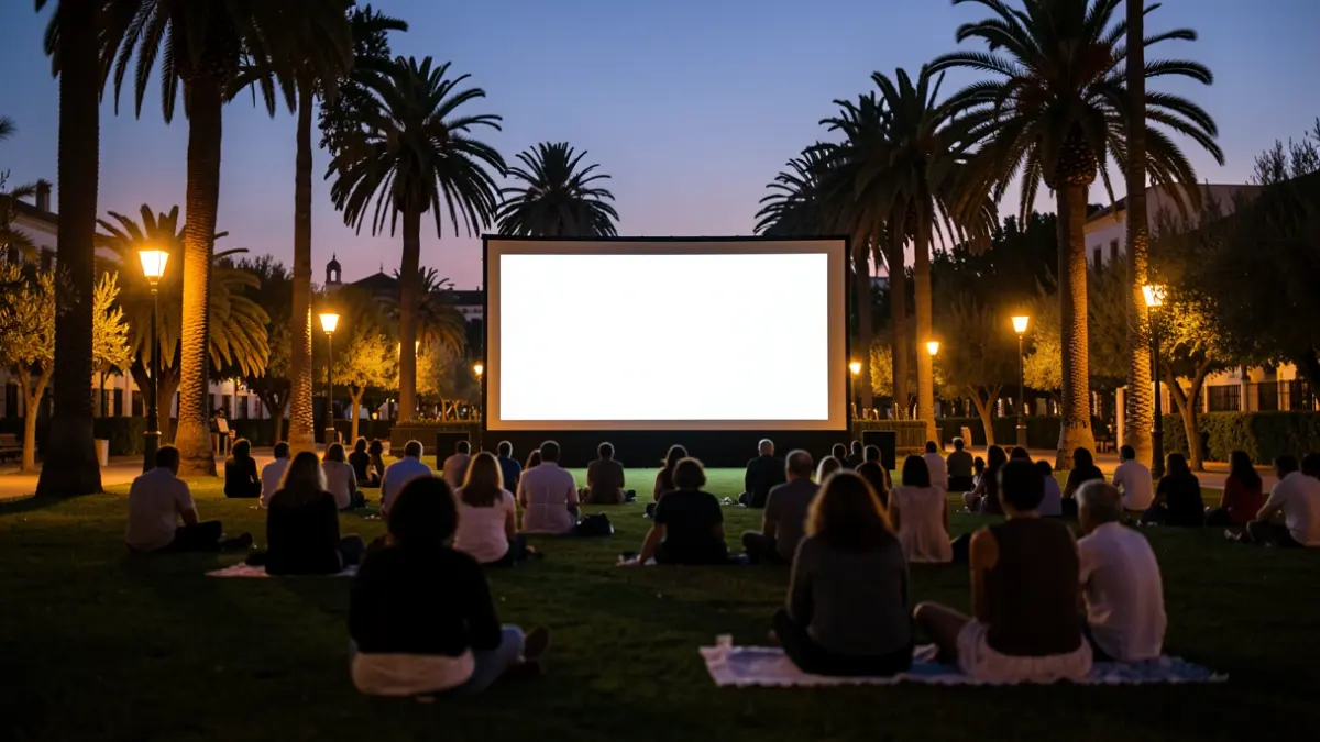 Imagen genérica de una pantalla de cine al aire libre en un parque andaluz al atardecer.