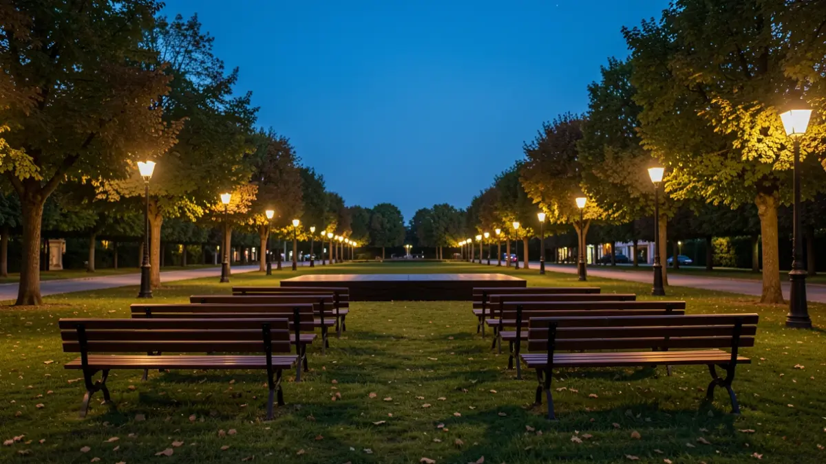 Imagen genérica de un parque al atardecer con un escenario y bancos vacíos.