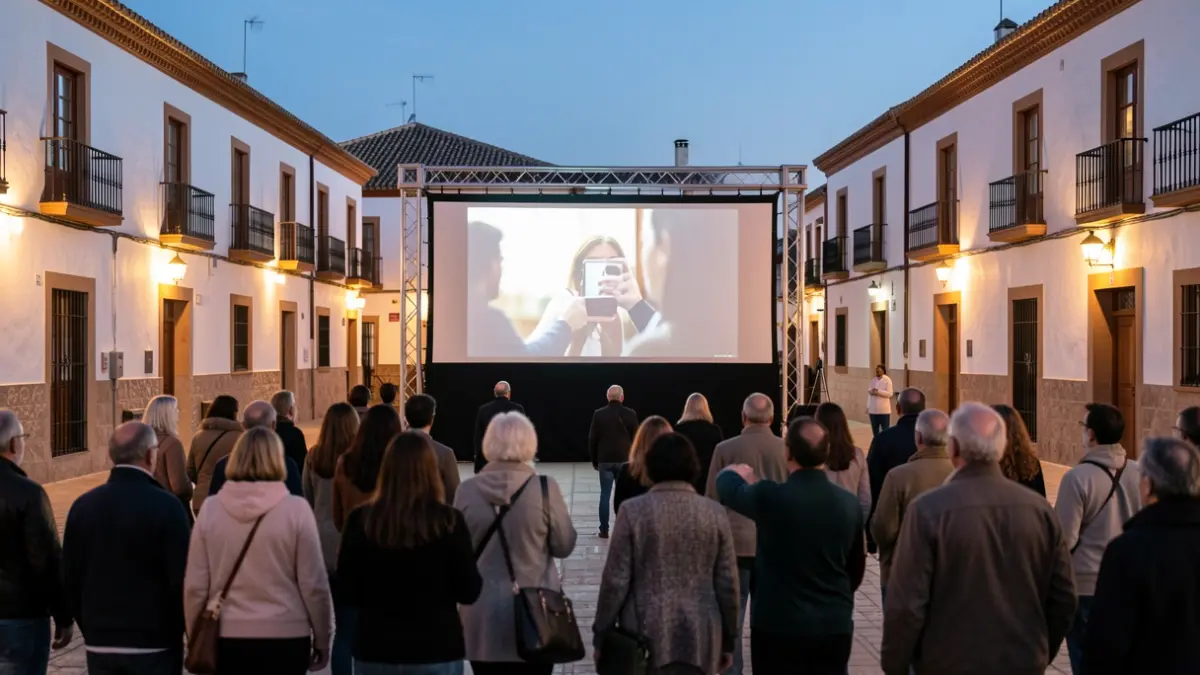 Outdoor cinema screen in an Andalusian town square at dusk.
