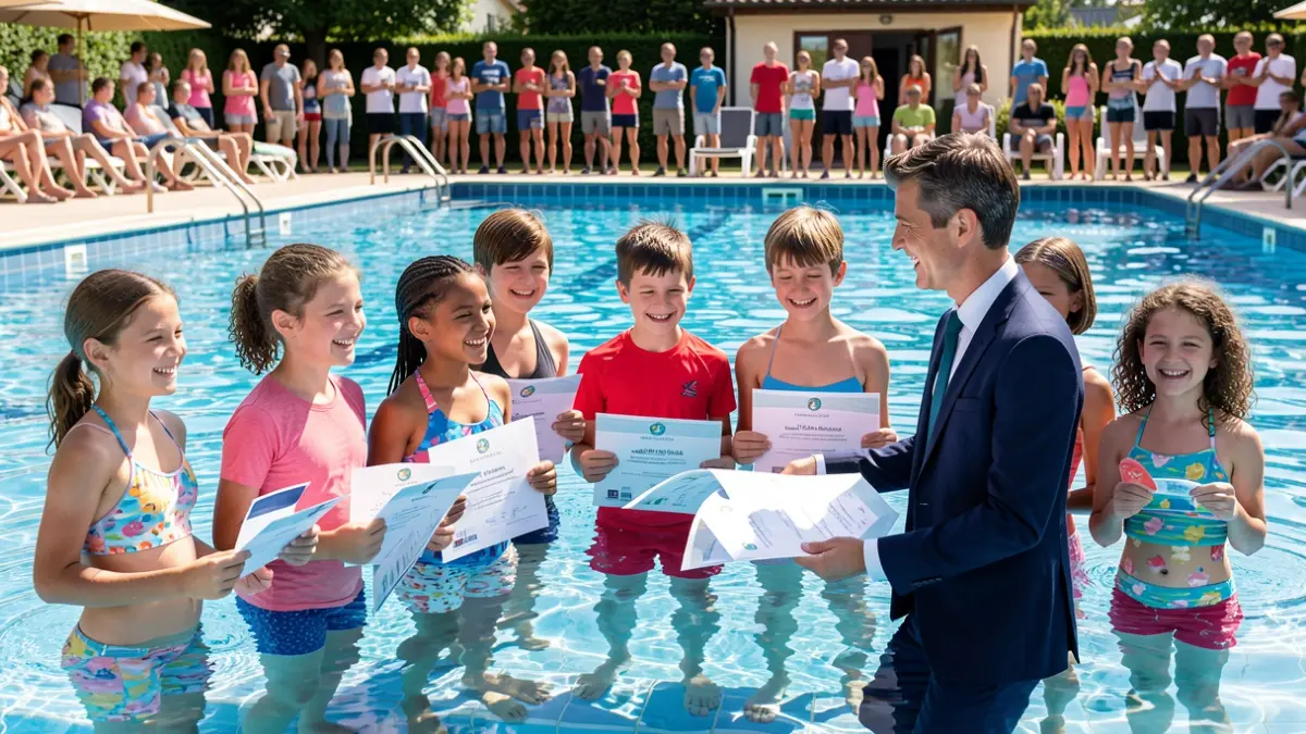Niños recibiendo diplomas en la clausura de cursos de natación en la Piscina Municipal de Vícar.