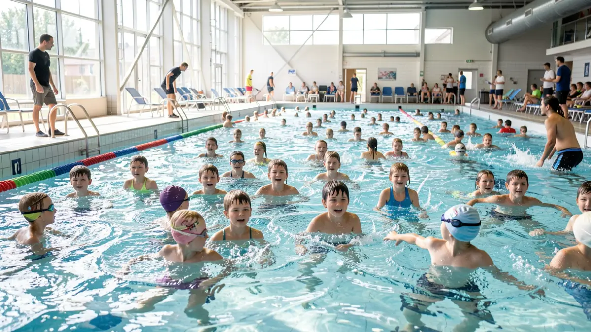 Generic image of children in swimming lessons at a municipal pool.