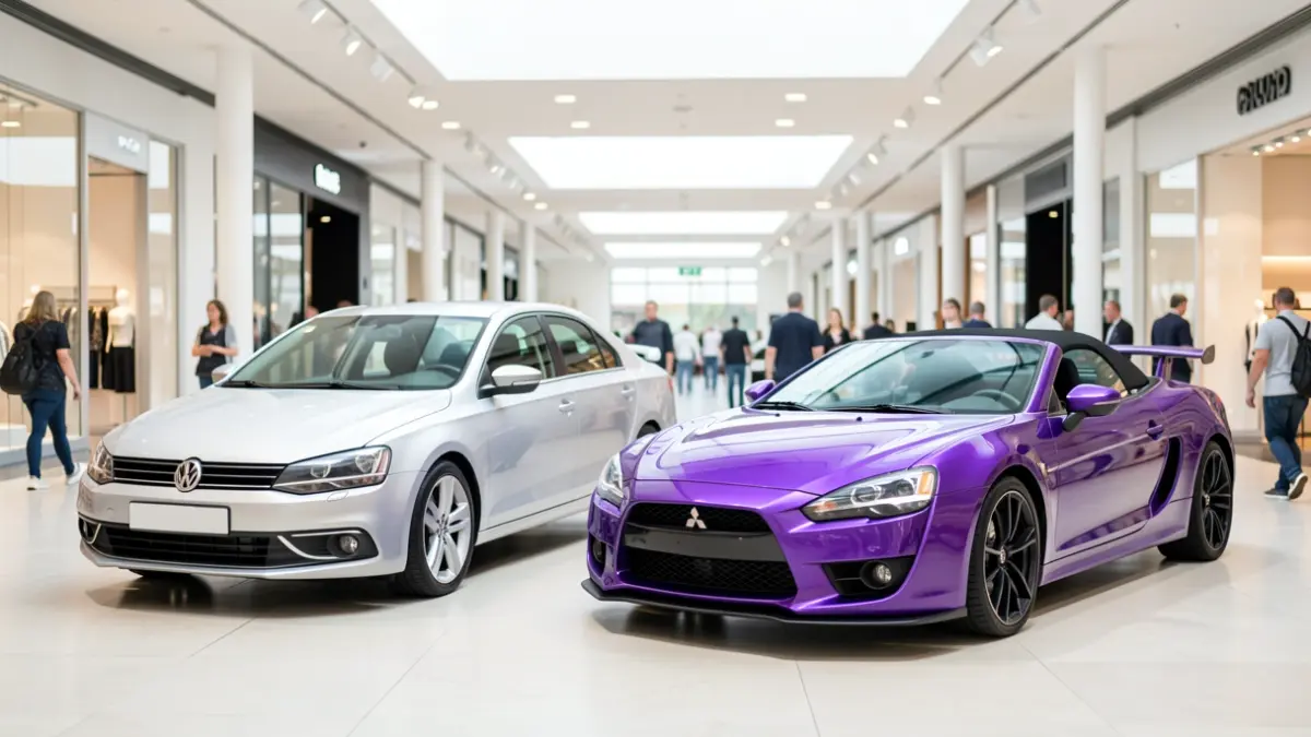 Replicas of 'Fast & Furious' cars displayed at the Holea shopping center in Huelva.